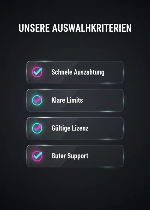 Auswahlkriterien für Casinos mit schneller Auszahlung: schnelle Auszahlung, klare Limits, gültige Lizenz und guter Support.