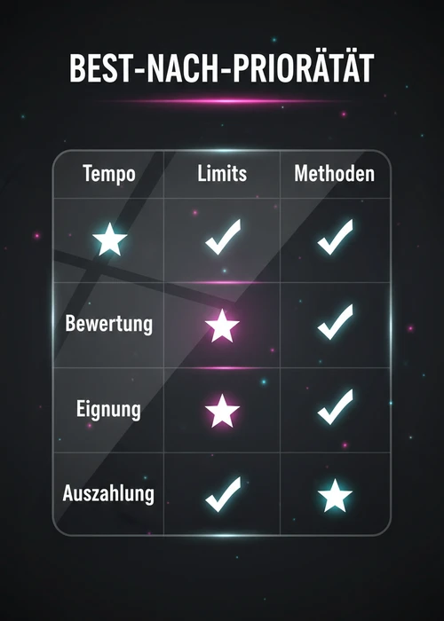 Bestes Casino mit schneller Auszahlung nach Priorität: Tempo, Limits und Methoden bewertet nach Eignung und Auszahlung.