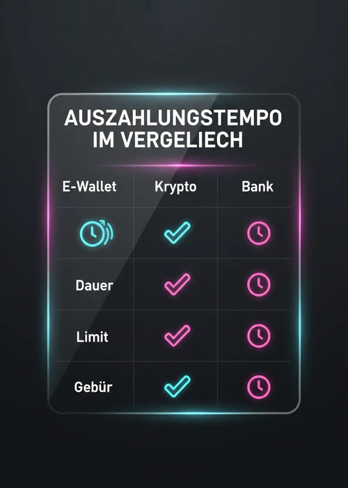 Auszahlungstempo im Vergleich für schnellste Casinos: E-Wallet, Krypto und Bank nach Dauer, Limit und Gebühr.