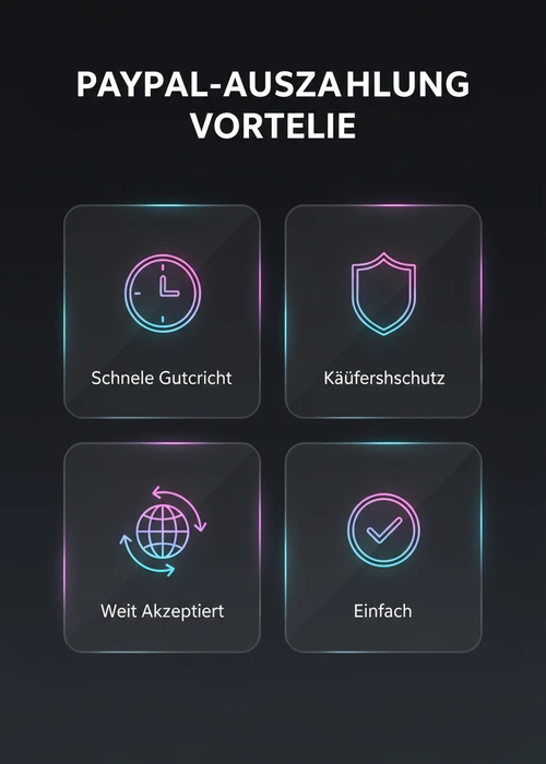 Vorteile der PayPal-Auszahlung bei schneller Auszahlung: schnelle Gutschrift, Käuferschutz, weit akzeptiert und einfach.